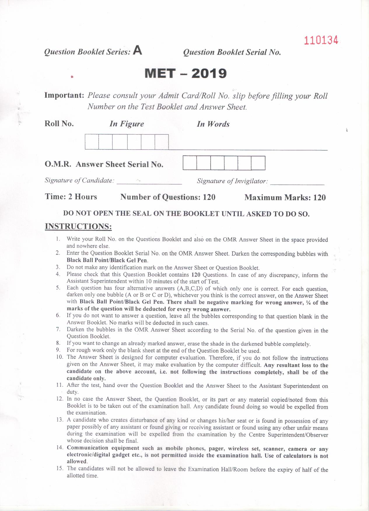 PU MET 2019 Question Booklet with Key - Page 1