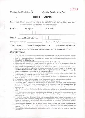 PU MET 2019 Question Booklet with Key