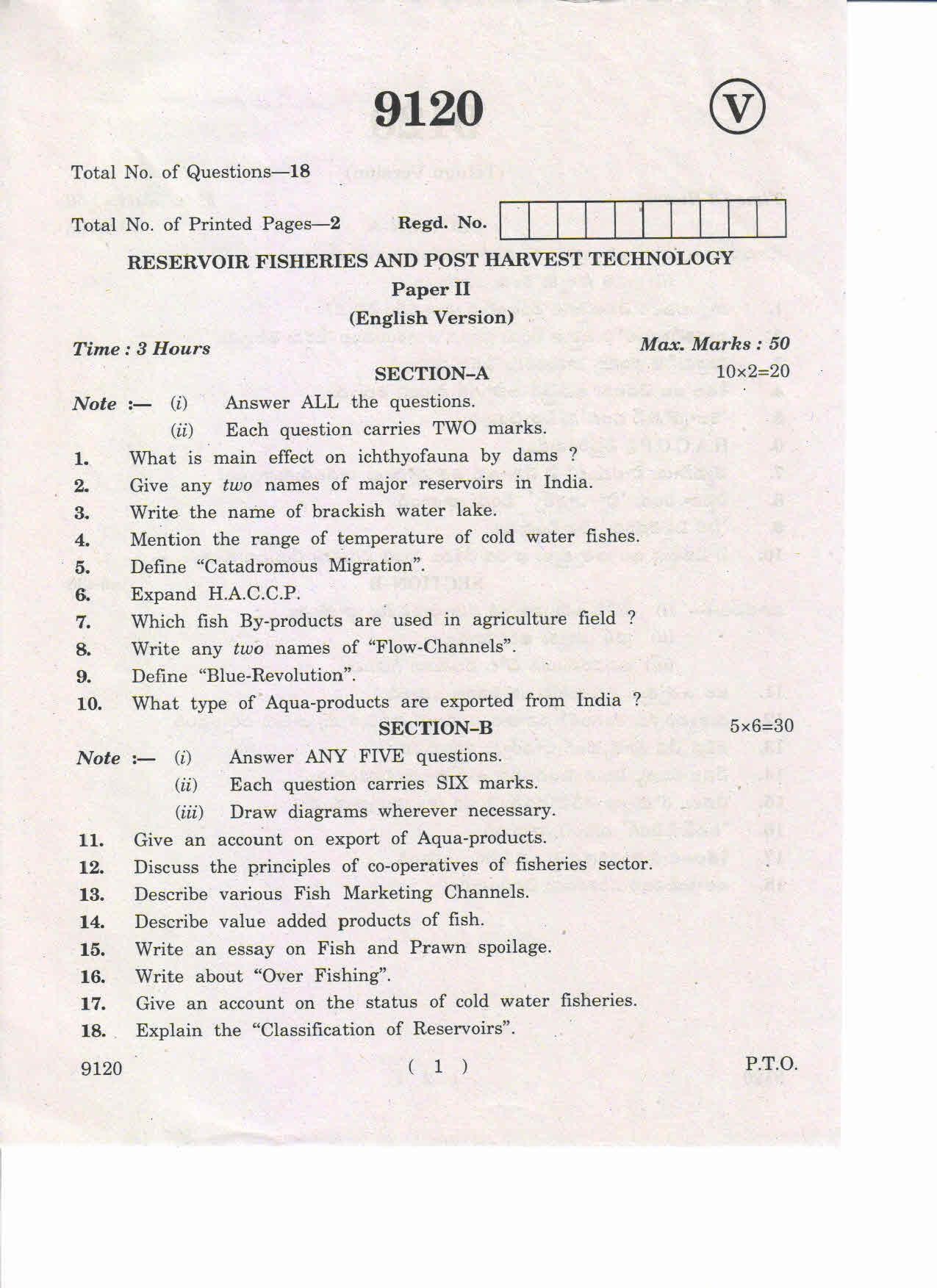 AP Inter 2nd Yea Reservoir Fisheries and Post Harvest Technology-II March-2019-Vocational Question Paper - Page 1