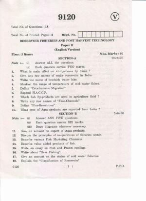AP Inter 2nd Yea Reservoir Fisheries and Post Harvest Technology-II March-2019-Vocational Question Paper