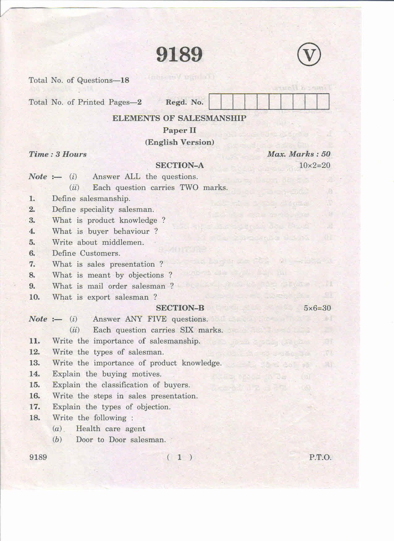 AP Inter 2nd Year Elements of Salesmanship-II March-2019-Vocational Question Paper - Page 1