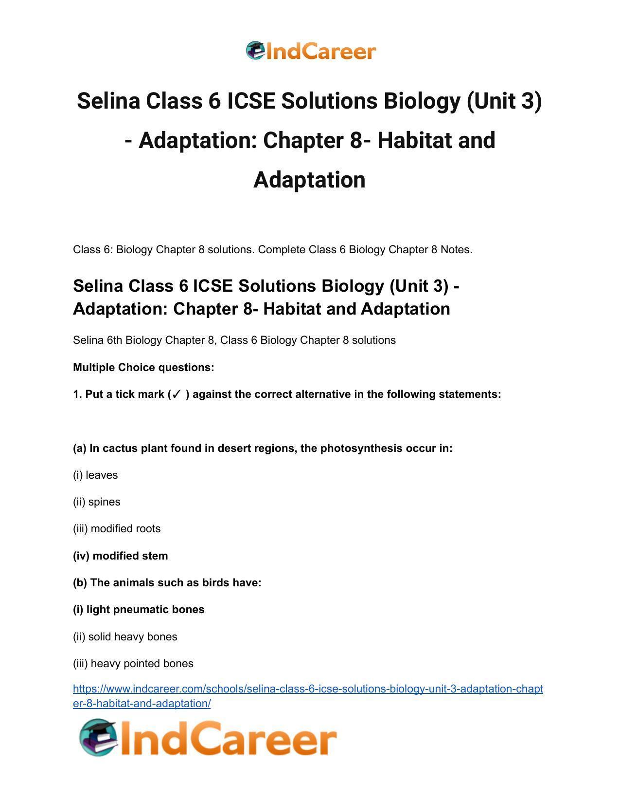 Selina Class 6 ICSE Solutions Biology (Unit 3) - Adaptation: Chapter 8- Habitat and Adaptation - Page 2