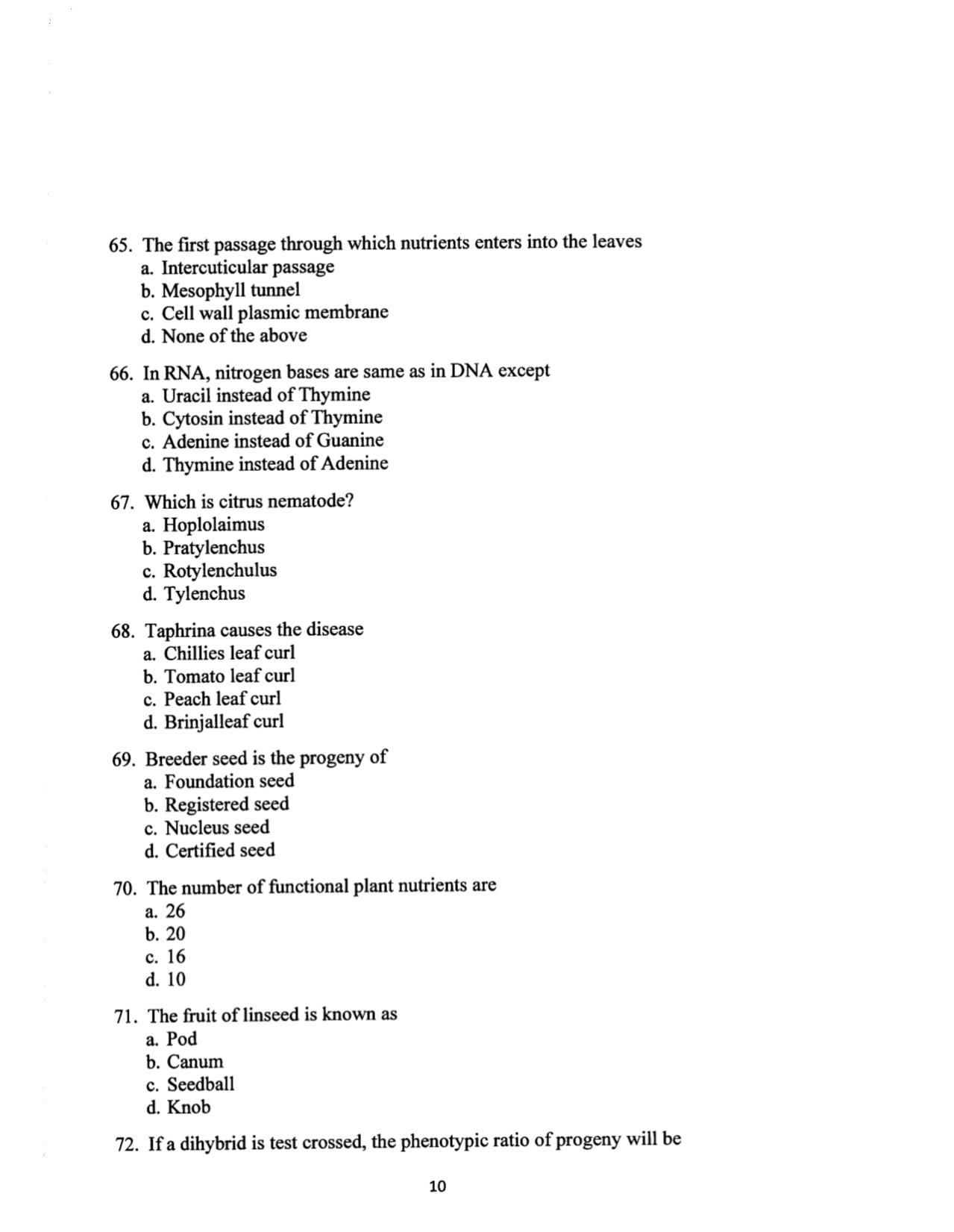 MCAER Ph.D. CET Question Papers PDF for Agriculture - Page 10