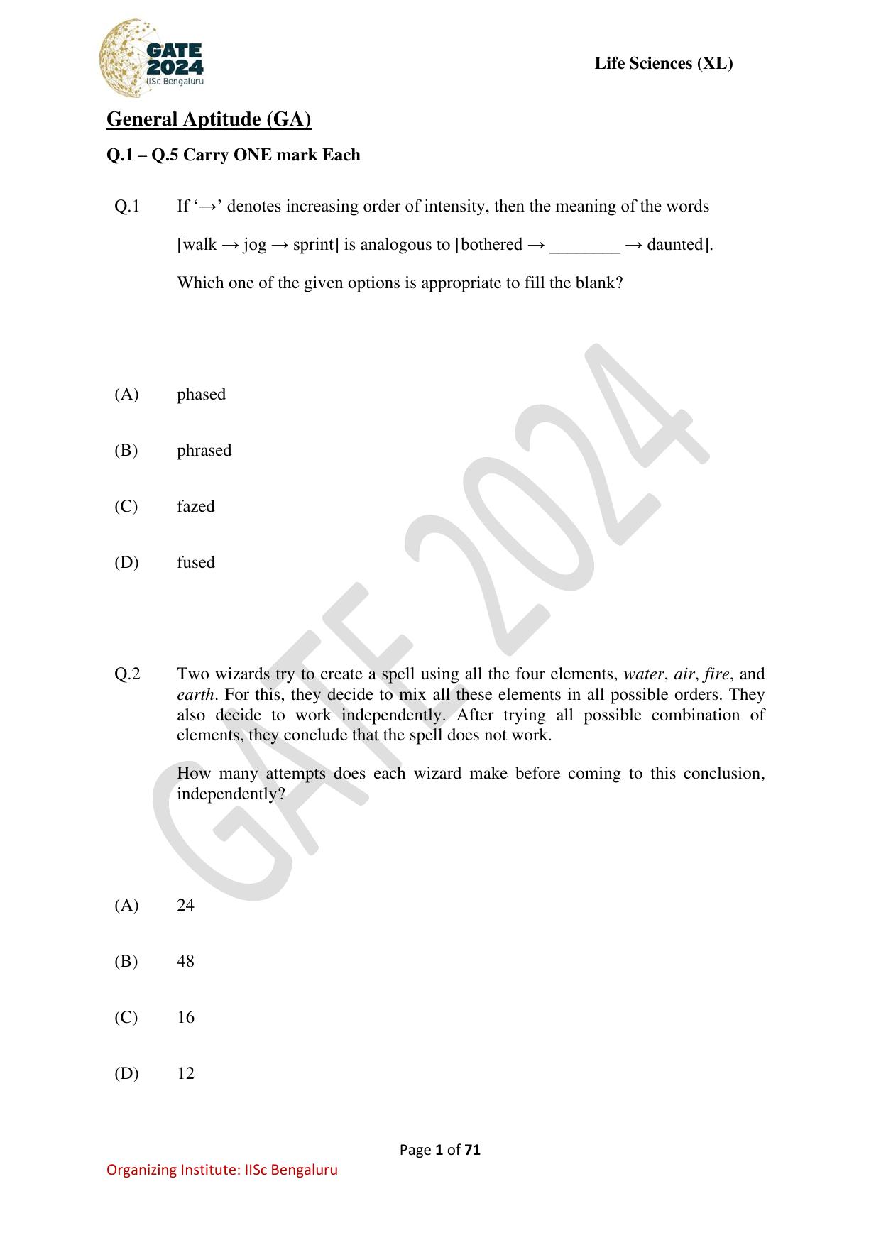 GATE 2024 Life Sciences (XL) Question Paper - Page 1