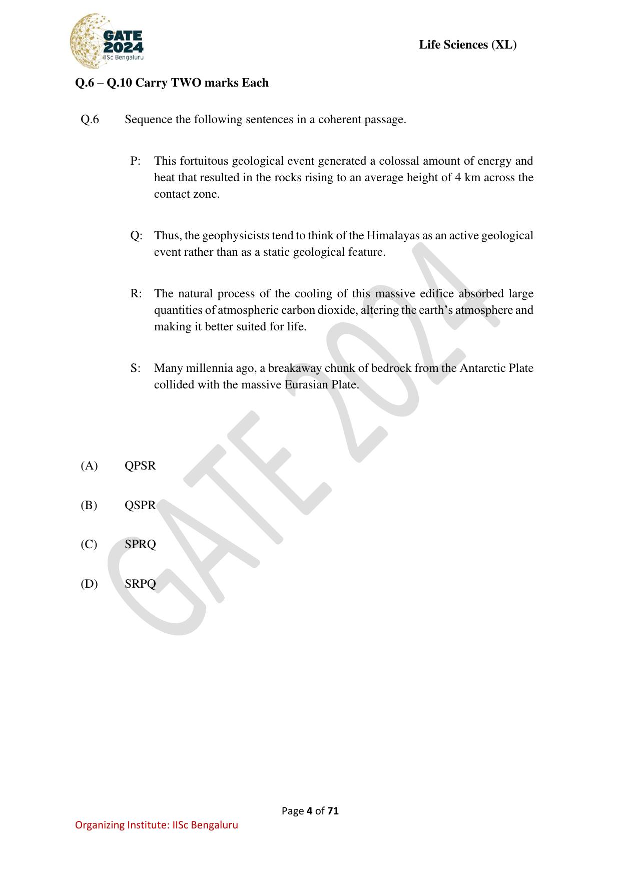 GATE 2024 Life Sciences (XL) Question Paper - Page 4