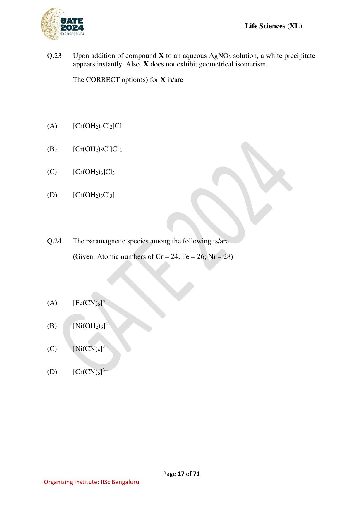 GATE 2024 Life Sciences (XL) Question Paper - Page 17