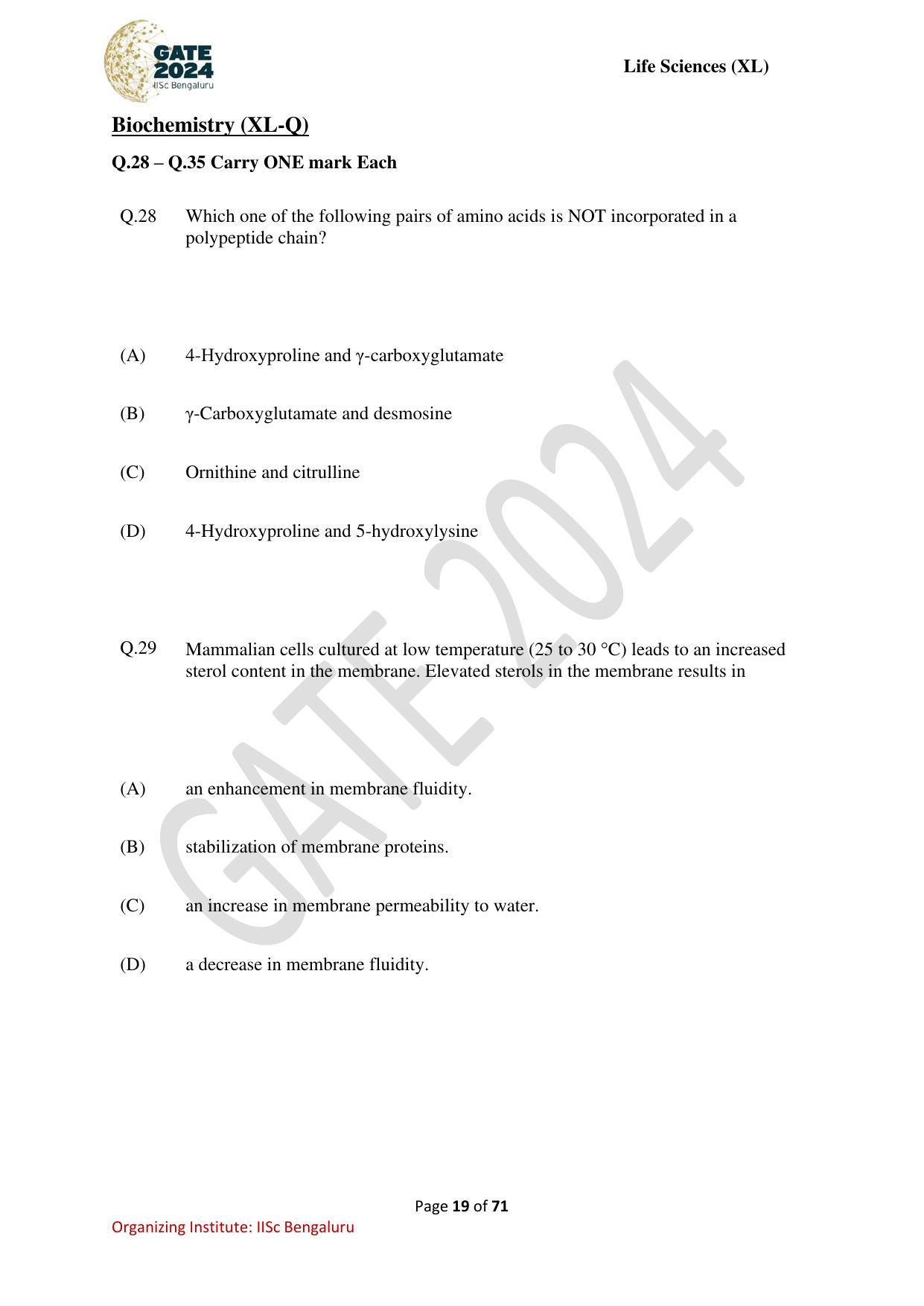 GATE 2024 Life Sciences (XL) Question Paper - Page 19