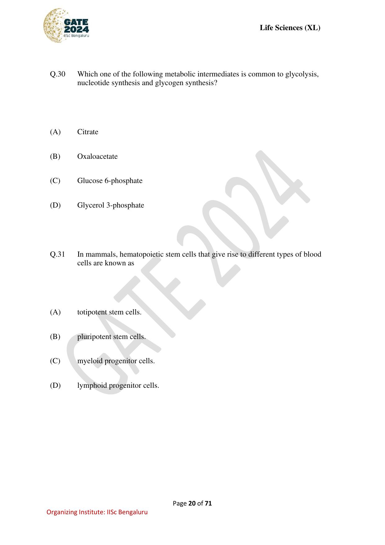 GATE 2024 Life Sciences (XL) Question Paper - Page 20