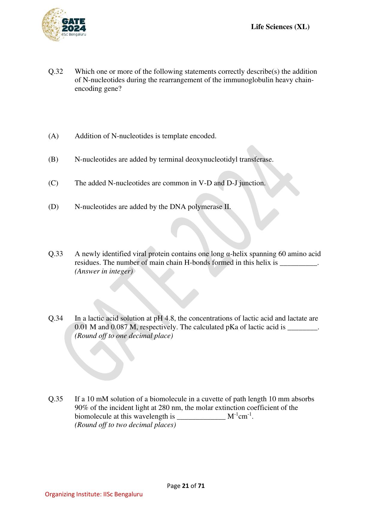GATE 2024 Life Sciences (XL) Question Paper - Page 21