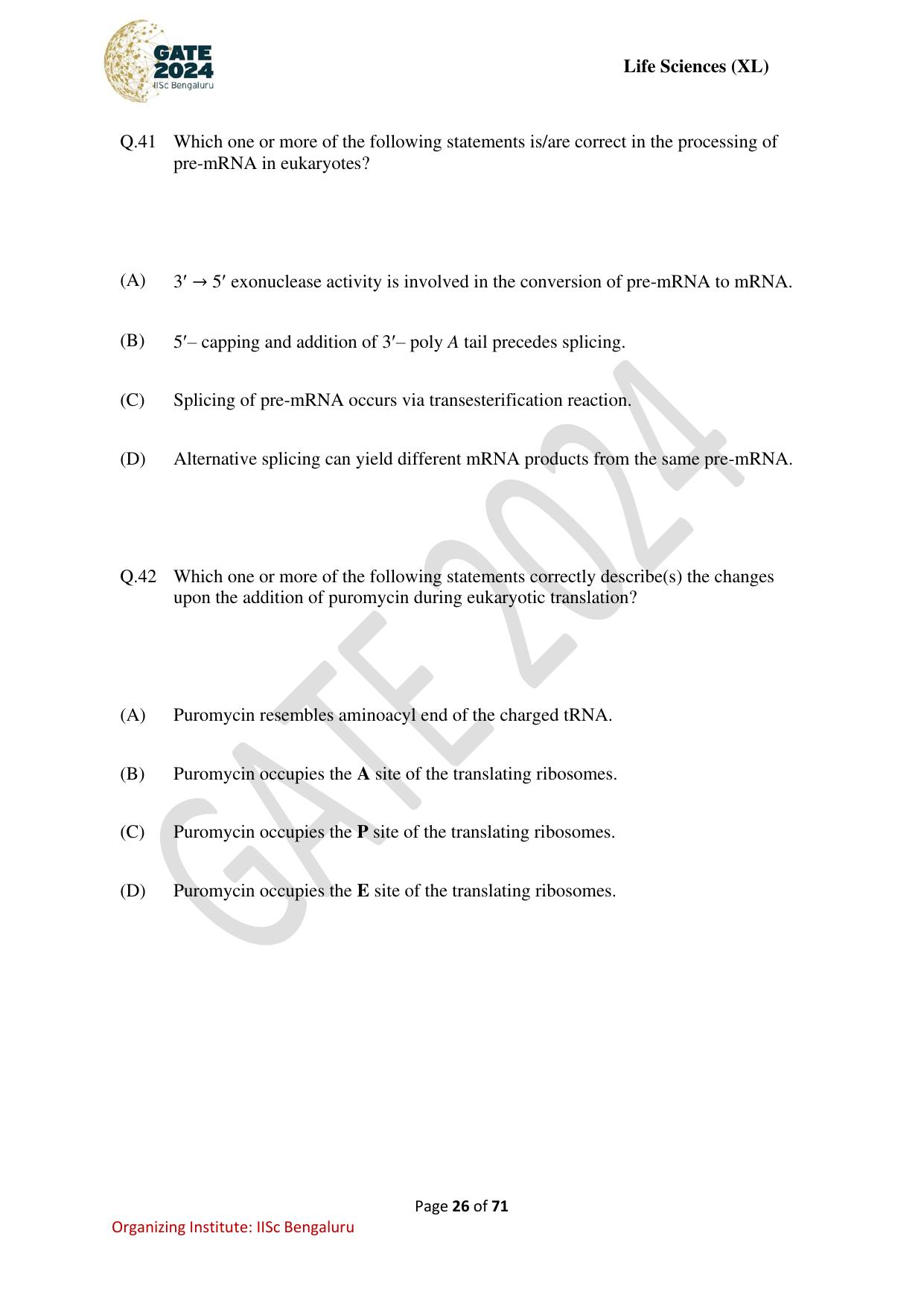 GATE 2024 Life Sciences (XL) Question Paper - Page 26