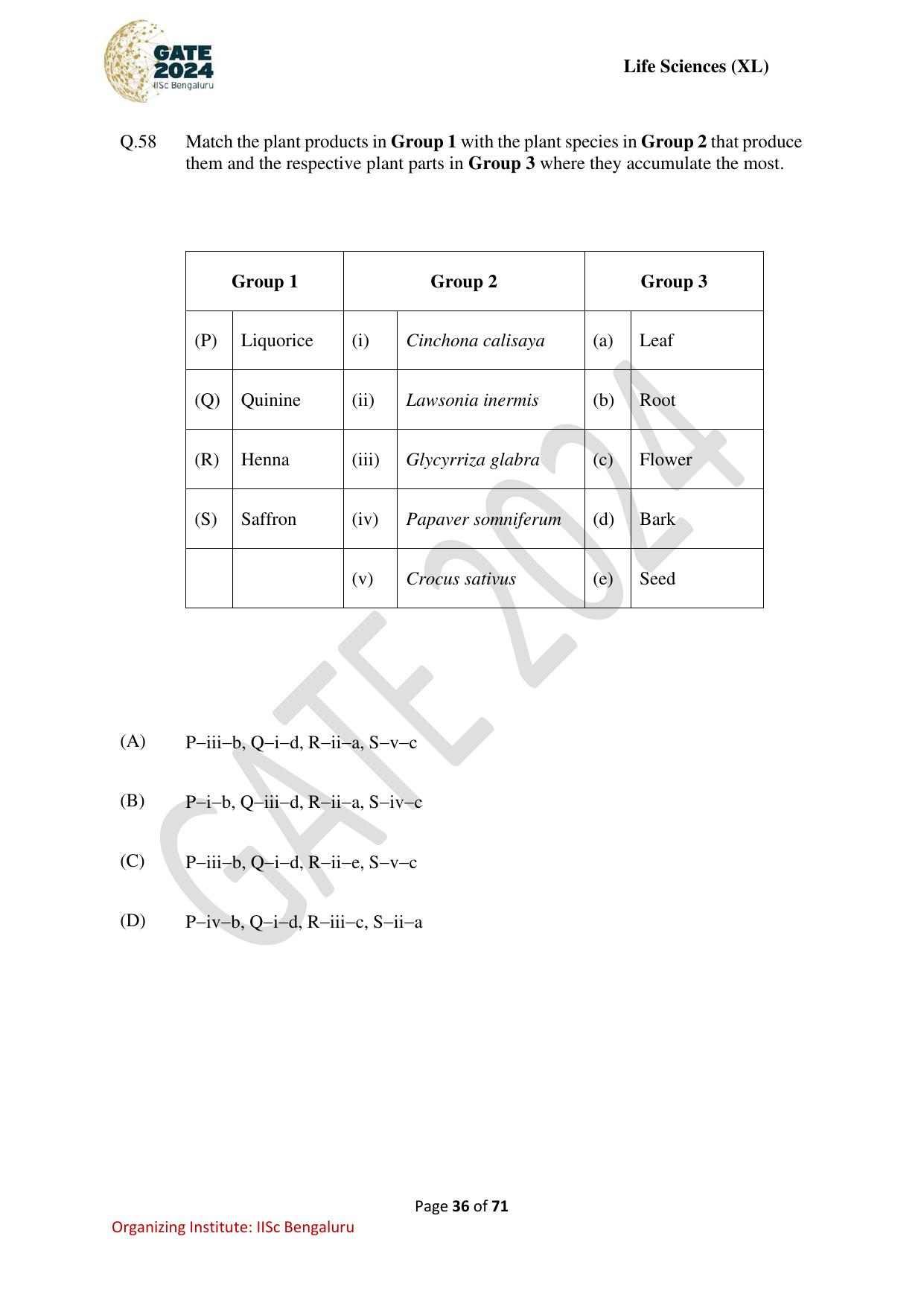 GATE 2024 Life Sciences (XL) Question Paper - Page 36