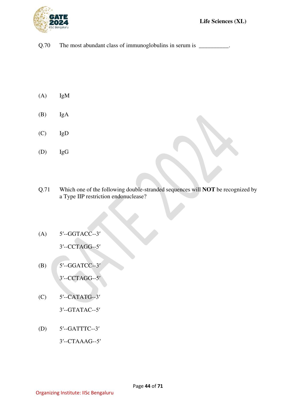 GATE 2024 Life Sciences (XL) Question Paper - Page 44