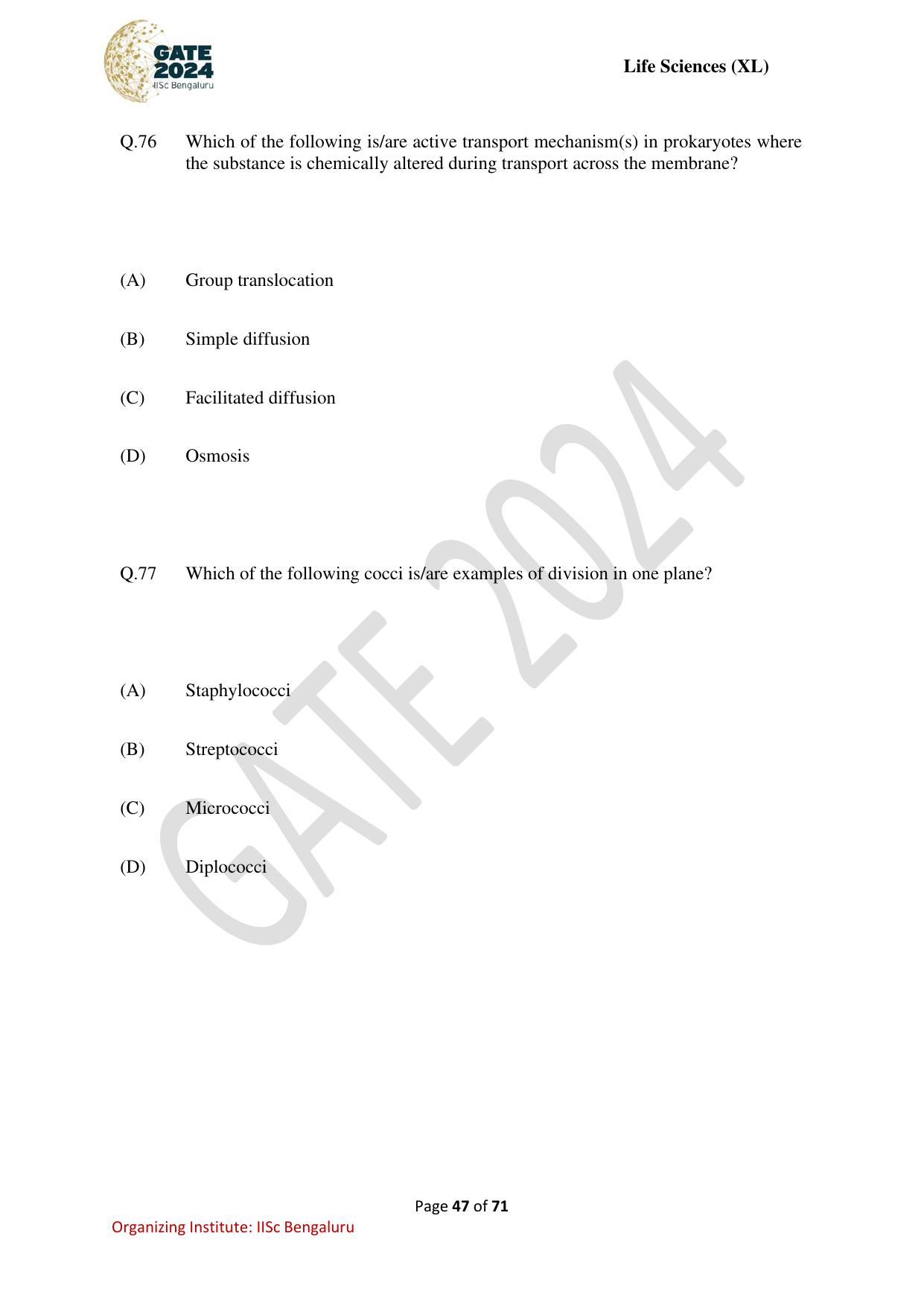 GATE 2024 Life Sciences (XL) Question Paper - Page 47