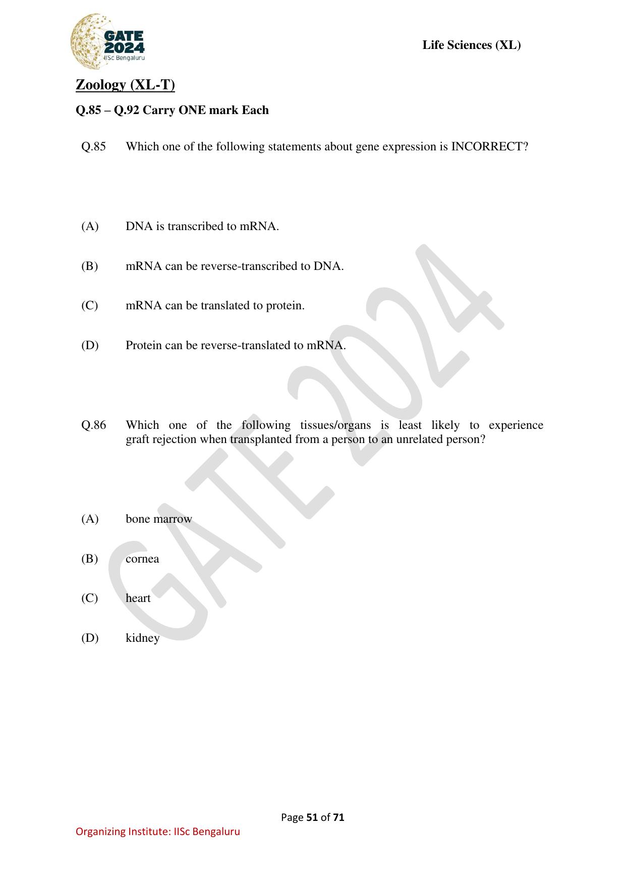 GATE 2024 Life Sciences (XL) Question Paper - Page 51