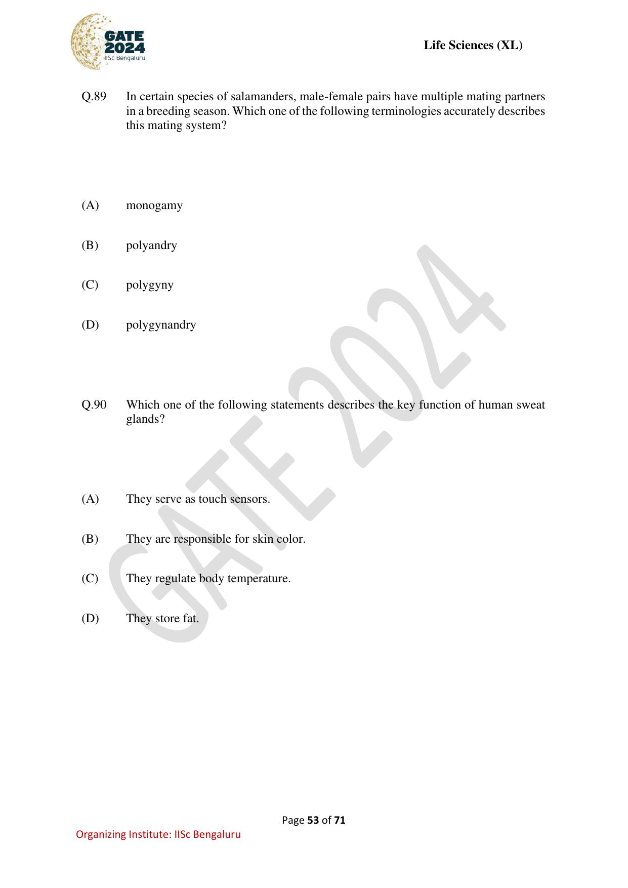 GATE 2024 Life Sciences (XL) Question Paper - Page 53