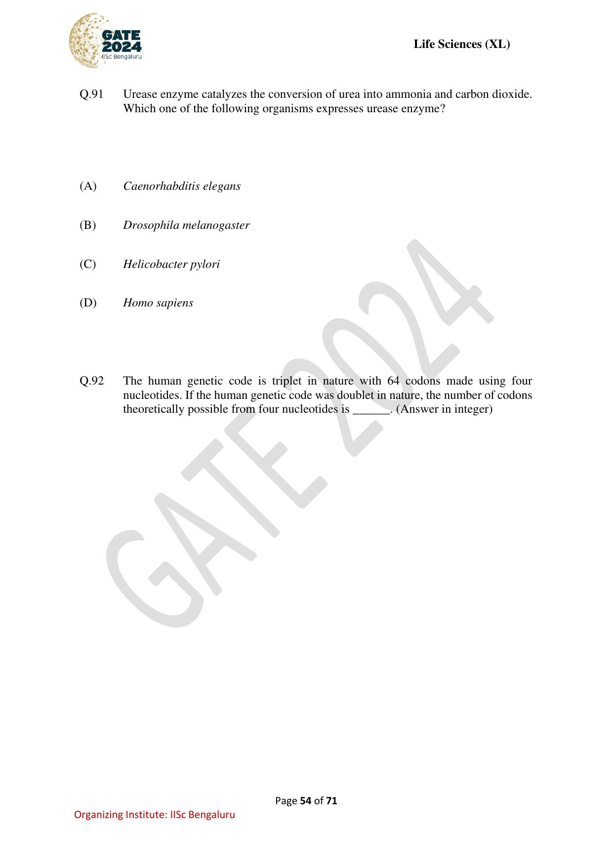 GATE 2024 Life Sciences (XL) Question Paper - Page 54