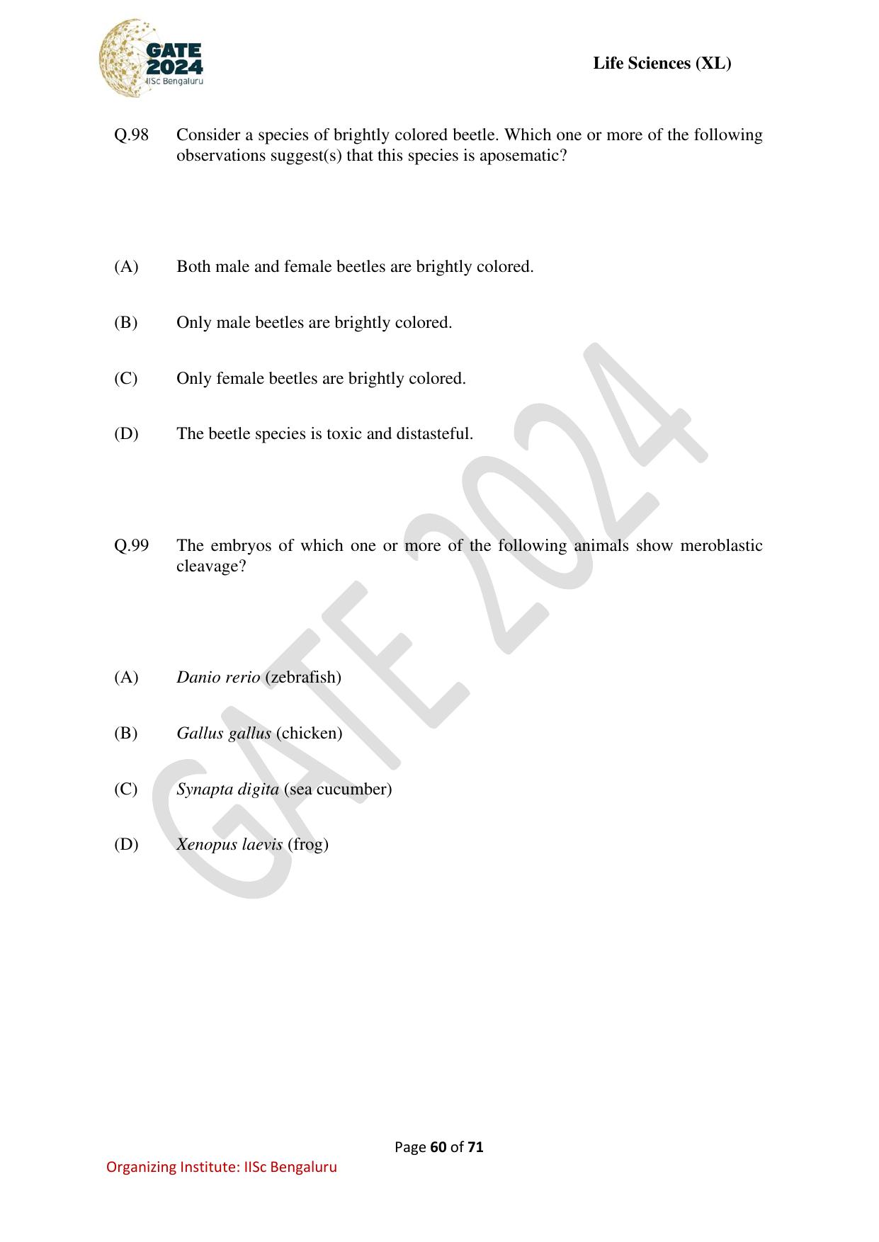 GATE 2024 Life Sciences (XL) Question Paper - Page 60