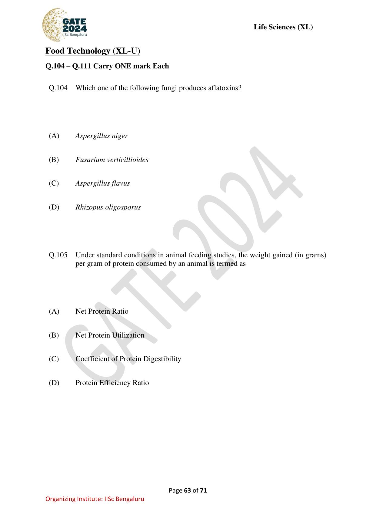GATE 2024 Life Sciences (XL) Question Paper - Page 63