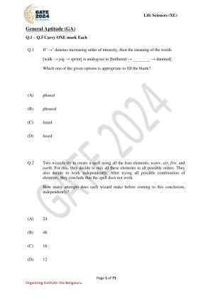 GATE 2024 Life Sciences (XL) Question Paper