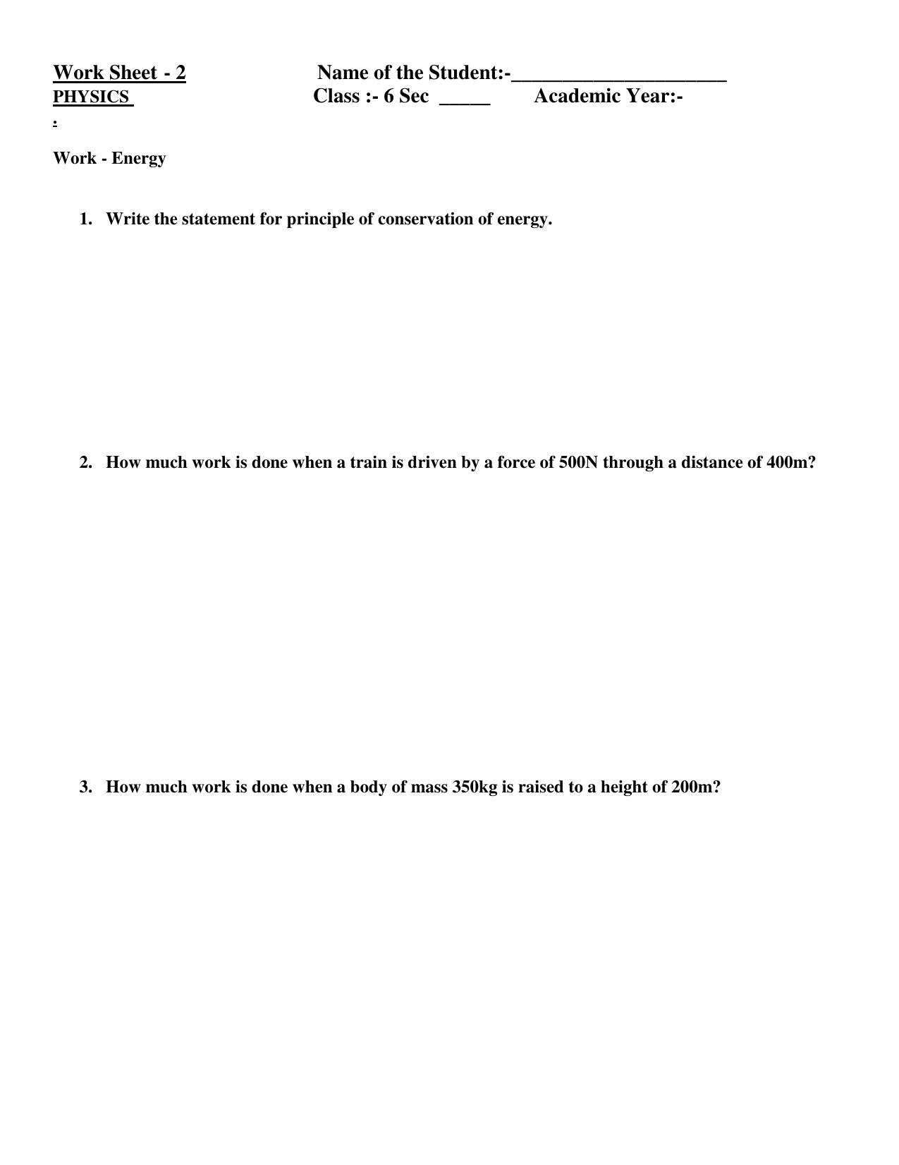 CBSE Worksheets for Class 6 Physics Work Energy Assignment 1 - Page 1