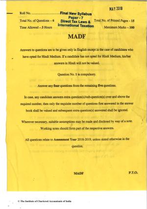 CA Final May 2018 Question Paper - Paper 7 – Direct Tax Laws and International Taxation