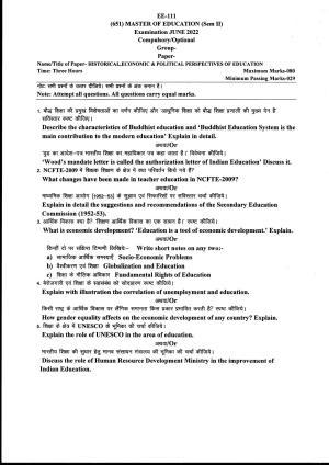 Bilaspur University Question Paper June 2022:Master Of Education (Sem II) Historical,Economic And Political Perspectives Of Education Paper 1