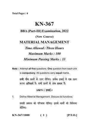 Sarguja University Question Paper - 2022 :   B.B.A Part Three Material Management Paper I