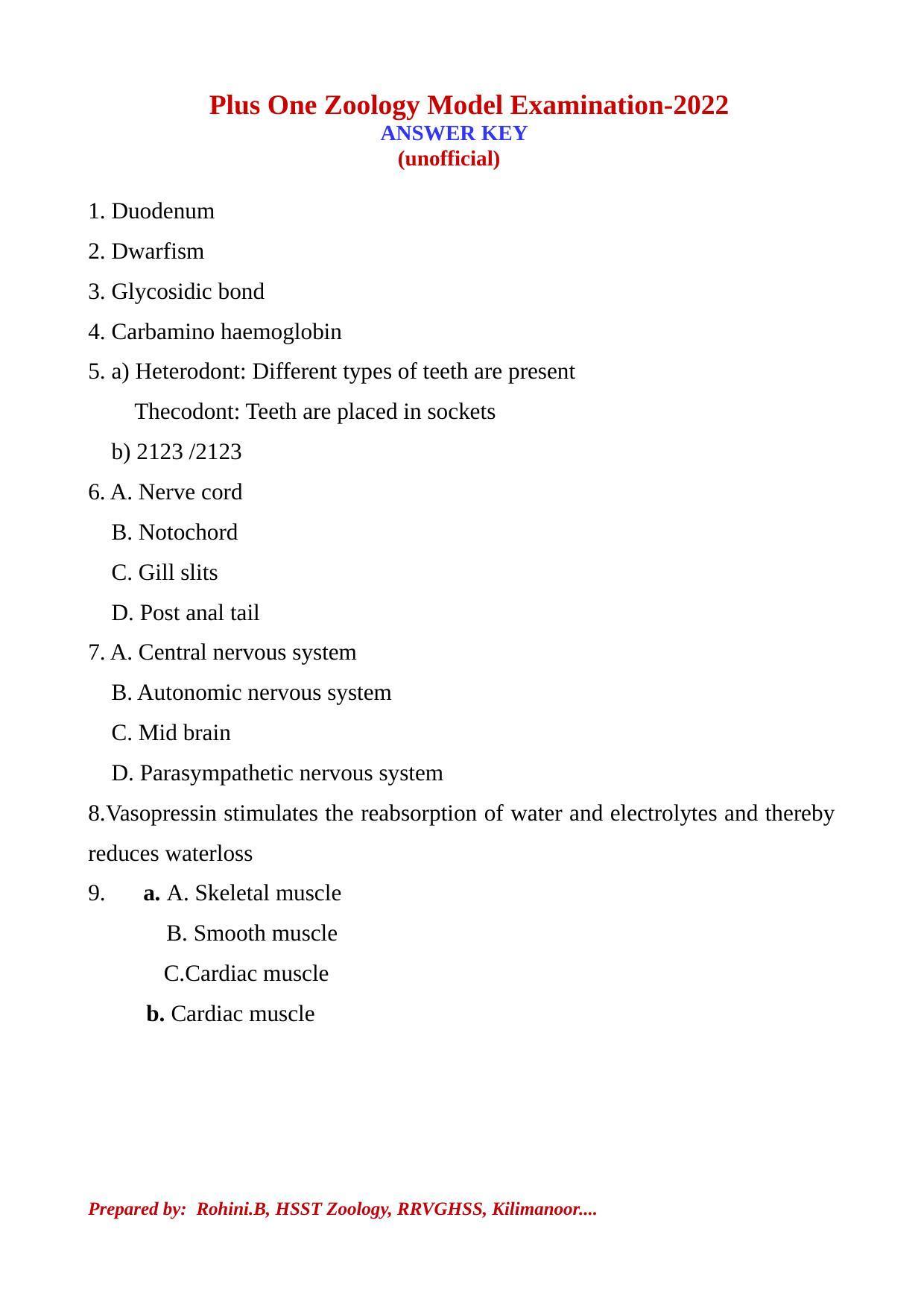 Kerala Plus One 2022 Zoology Answer Key (Model) - Page 1