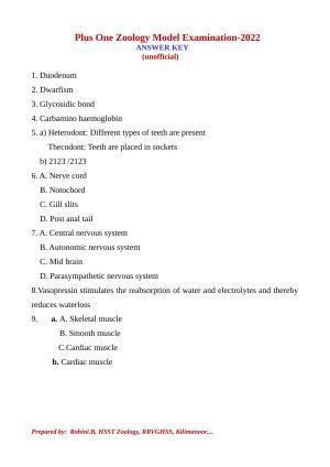 Kerala Plus One 2022 Zoology Answer Key (Model)