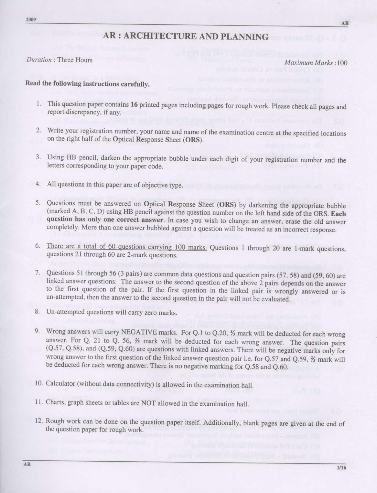 GATE 2009 Architecture and Planning (AR) Question Paper with Answer Key - Page 1