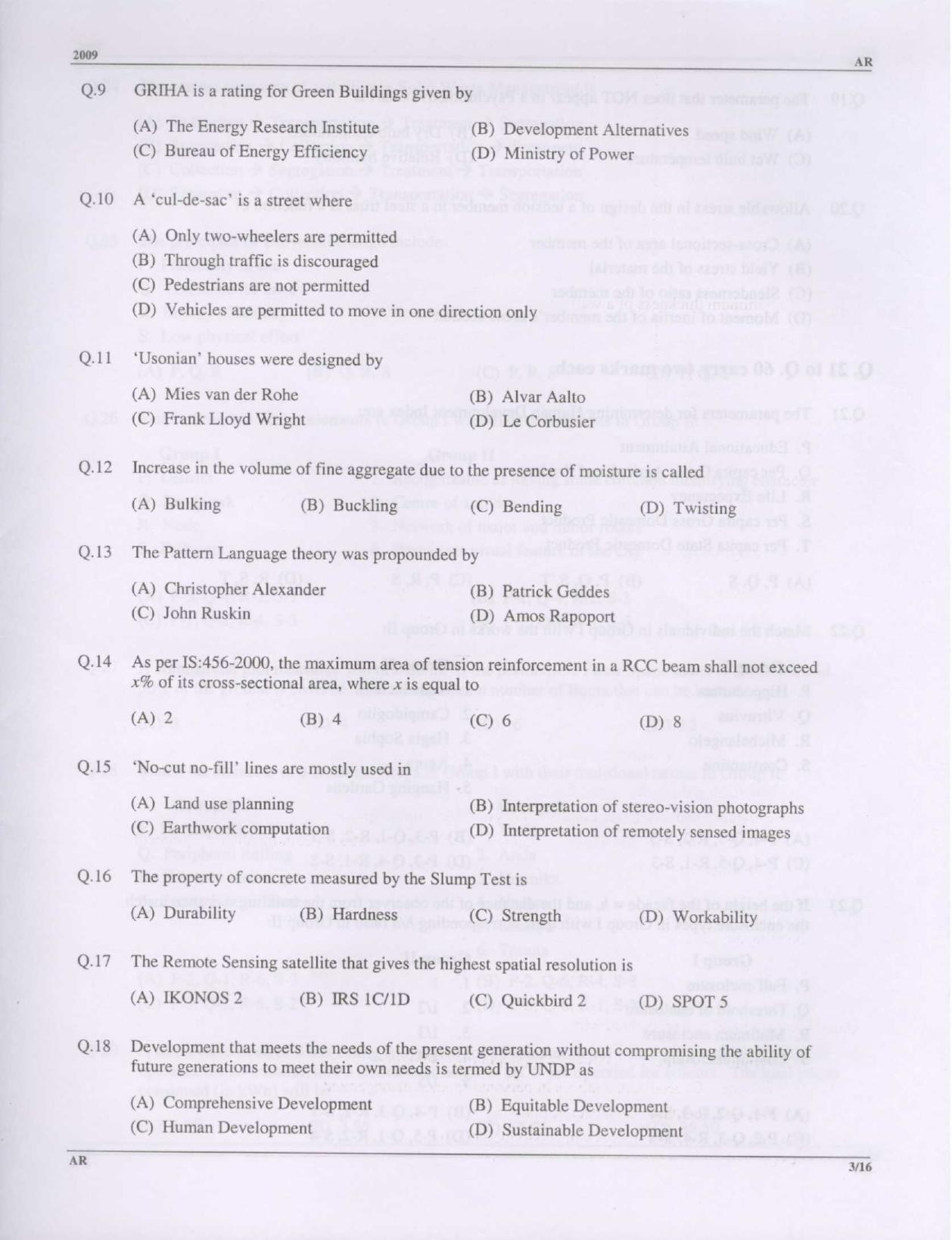 GATE 2009 Architecture and Planning (AR) Question Paper with Answer Key - Page 3