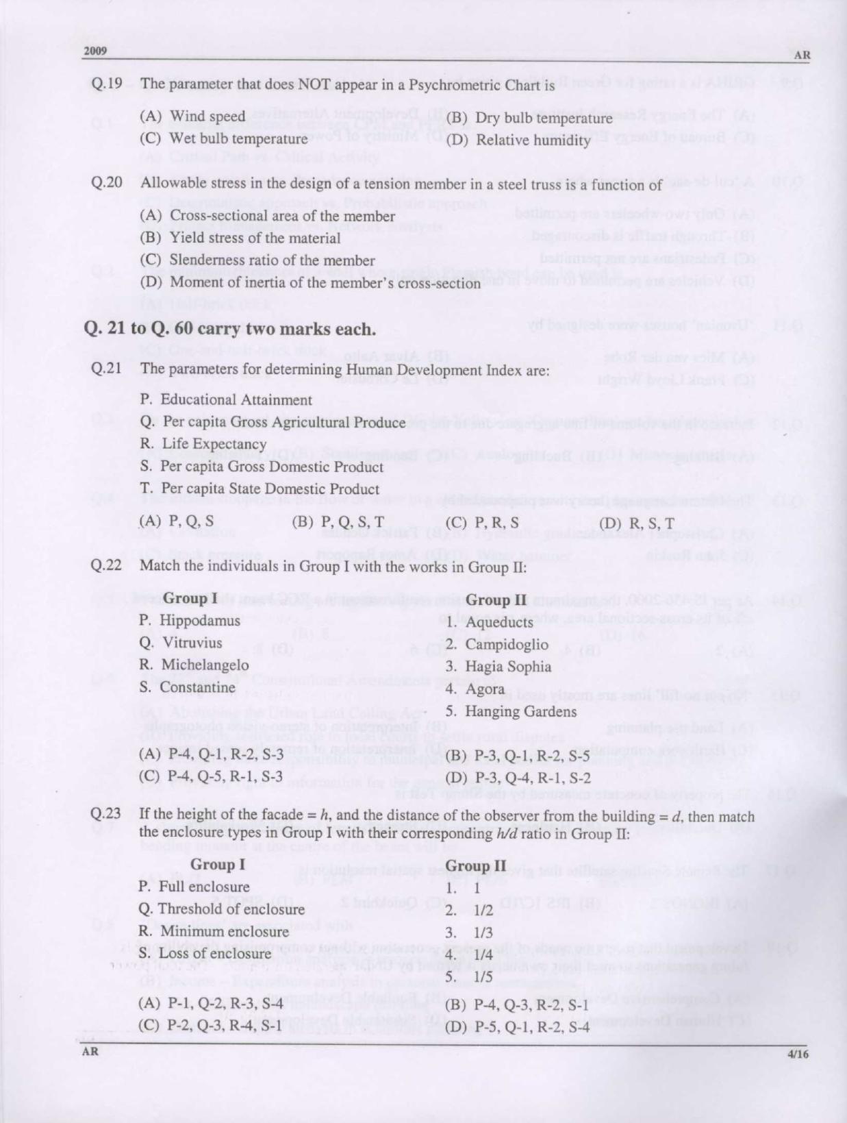 GATE 2009 Architecture and Planning (AR) Question Paper with Answer Key - Page 4