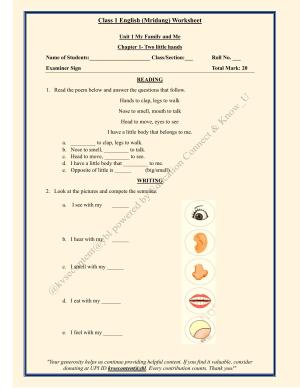 NCERT Class 1 English Mridang Worksheets - Chapter 1- Two Little Hands