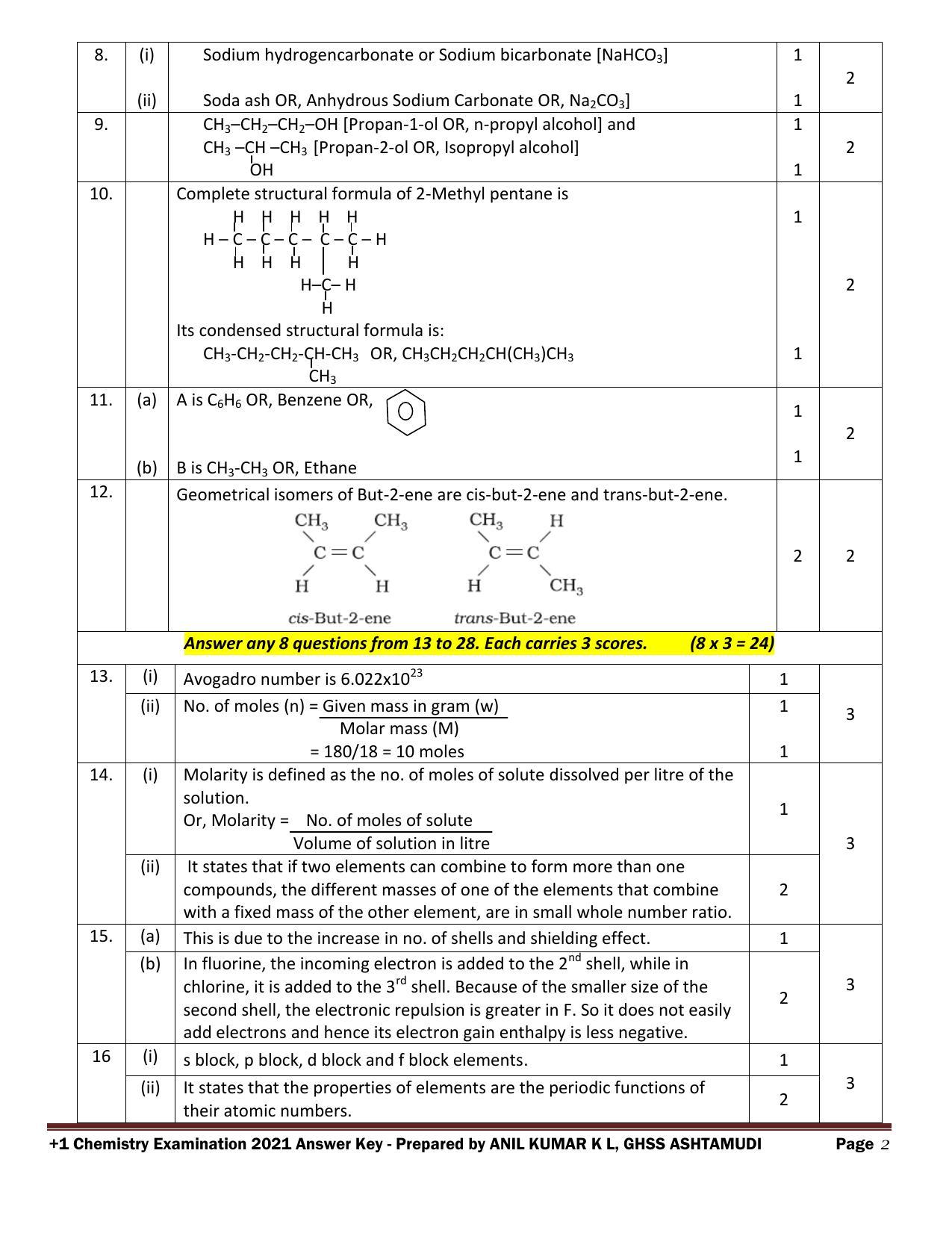 Kerala Plus One 2021 Chemistry Answer key (Annual) - Page 2