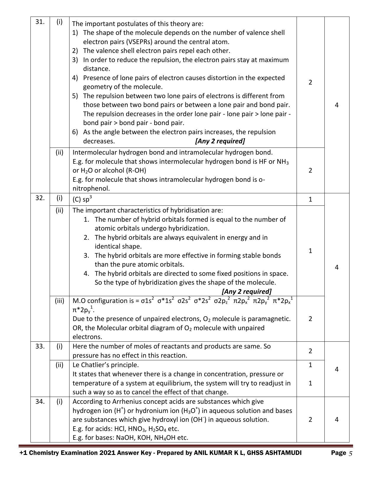 Kerala Plus One 2021 Chemistry Answer key (Annual) - Page 5