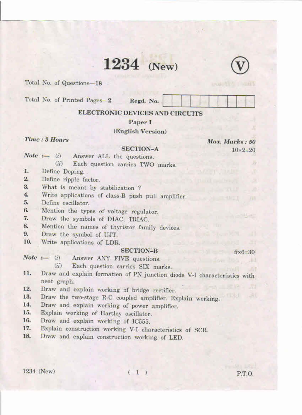 AP Inter 1st Year Electronic Devices and Circuits-I (New) May-2019-Vocational Question Paper - Page 1