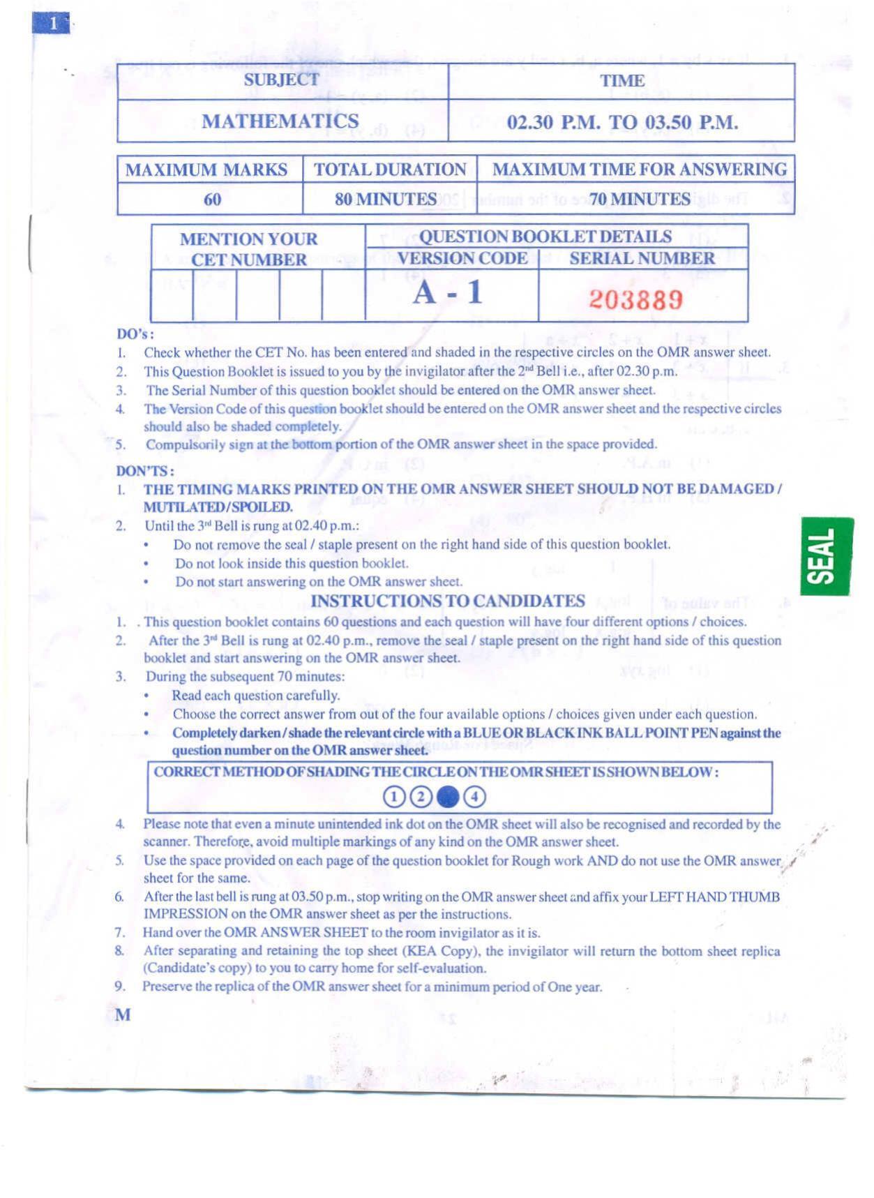 KCET Mathematics 2009 Question Papers - Page 1