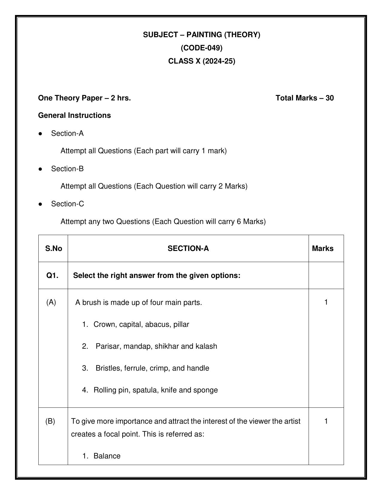 CBSE Class 10 Painting Sample Paper 2025 - Page 1