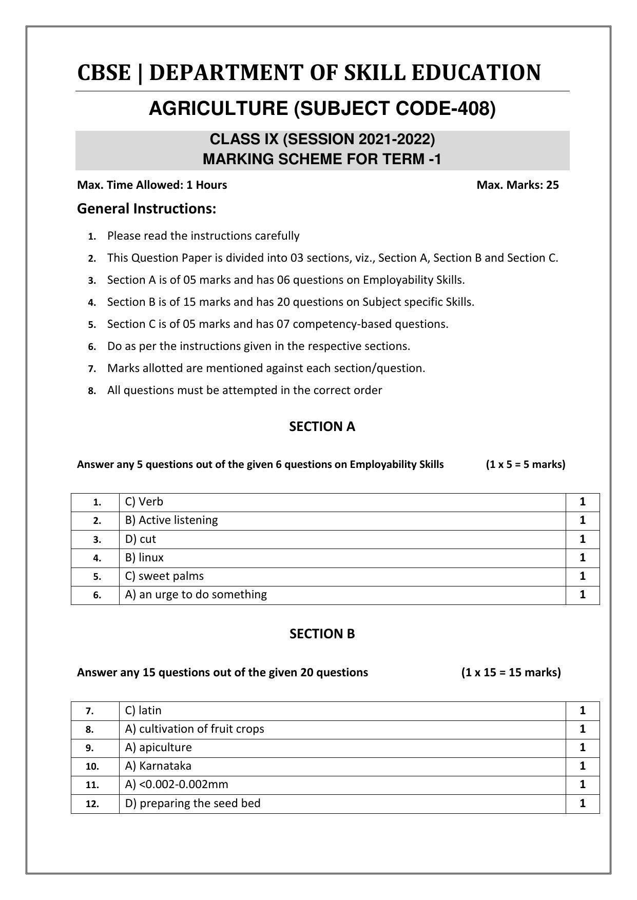 CBSE Class 10 Skill Education (Term I) - Agriculture Marking Scheme 2021-22 - Page 1