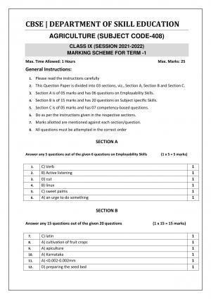CBSE Class 10 Skill Education (Term I) - Agriculture Marking Scheme 2021-22