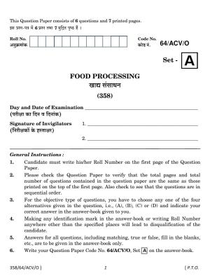 NIOS October 2022 Class 12 Food Processing Question Paper