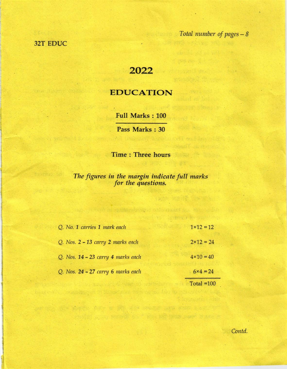 AHSEC Class 12 Education Question Papers 2022 - Page 1