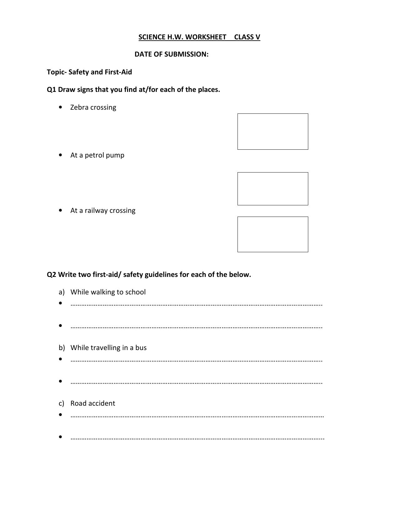 Worksheet for Class 5 Science Safety and First Aid Assignment 1 - Page 1