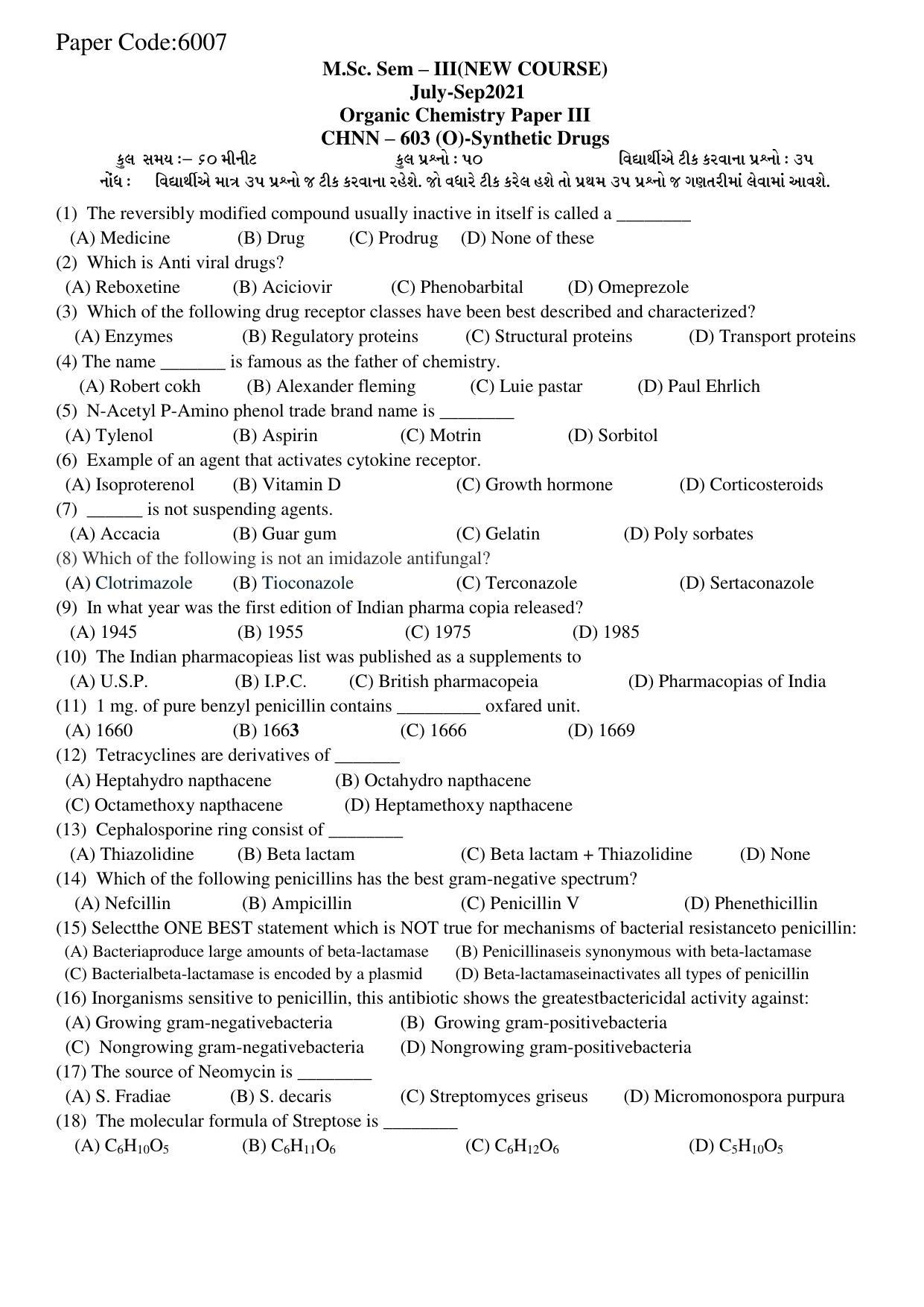 Hemchand North Gujarat University Sample Paper July-Sept 2021: M.Sc. Sem – III CH N N – 603 (O)-Synthetic Drugs Paper Code - 6007 (New Course) - Page 1