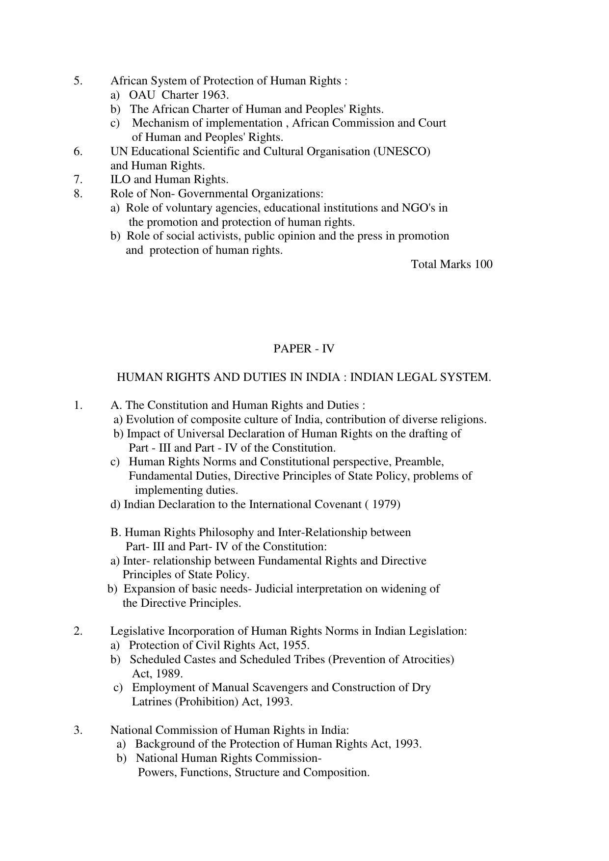 RTMNU Post Graduate Teaching Department of Law of MASTER OF HUMAN RIGHTS AND DUTIES EDUCATION (MHRDE) (MASTER OF HUMAN RIGHTS, DUTIES AND EDUCATION) Syllabus. - Page 7