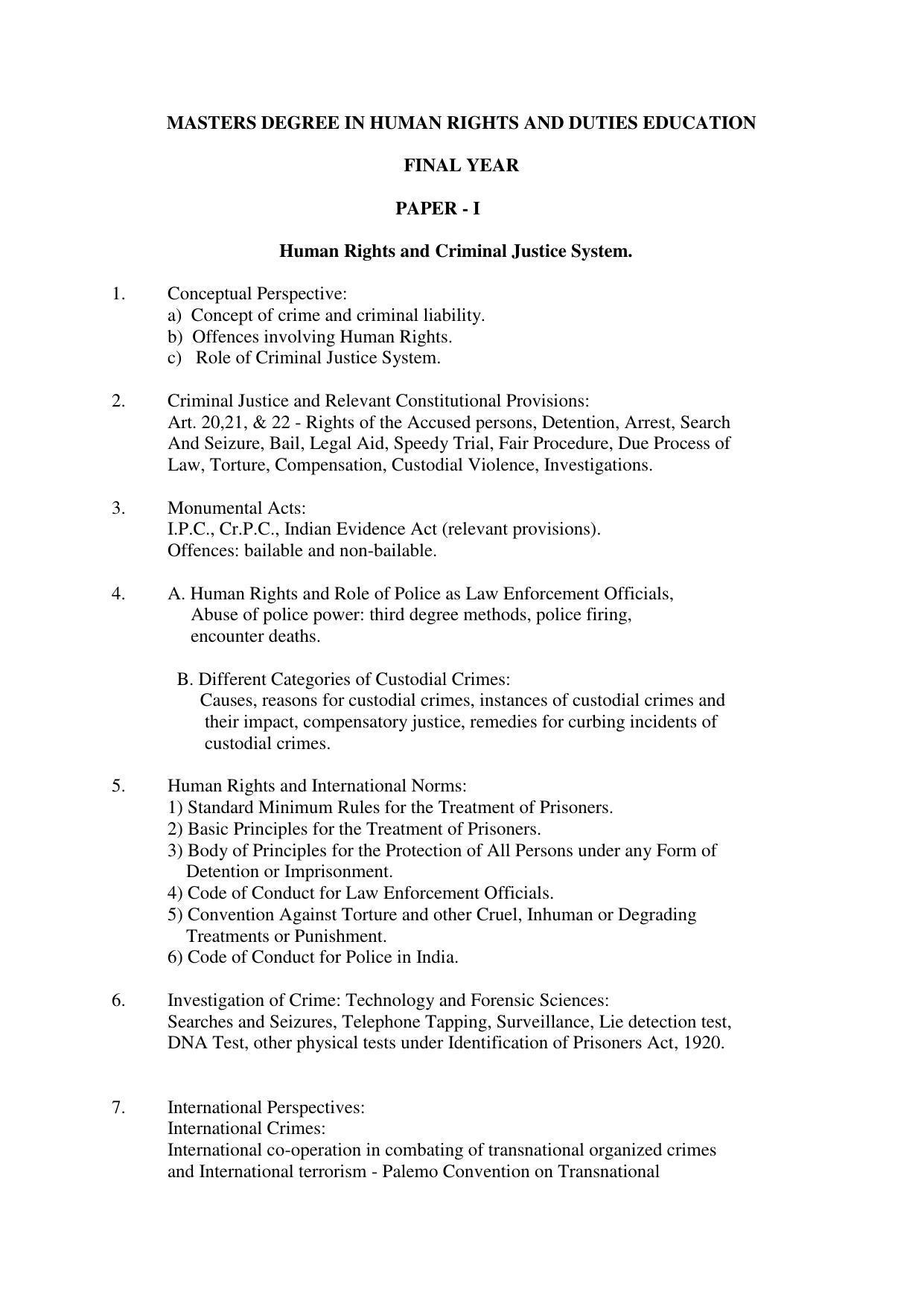 RTMNU Post Graduate Teaching Department of Law of MASTER OF HUMAN RIGHTS AND DUTIES EDUCATION (MHRDE) (MASTER OF HUMAN RIGHTS, DUTIES AND EDUCATION) Syllabus. - Page 10