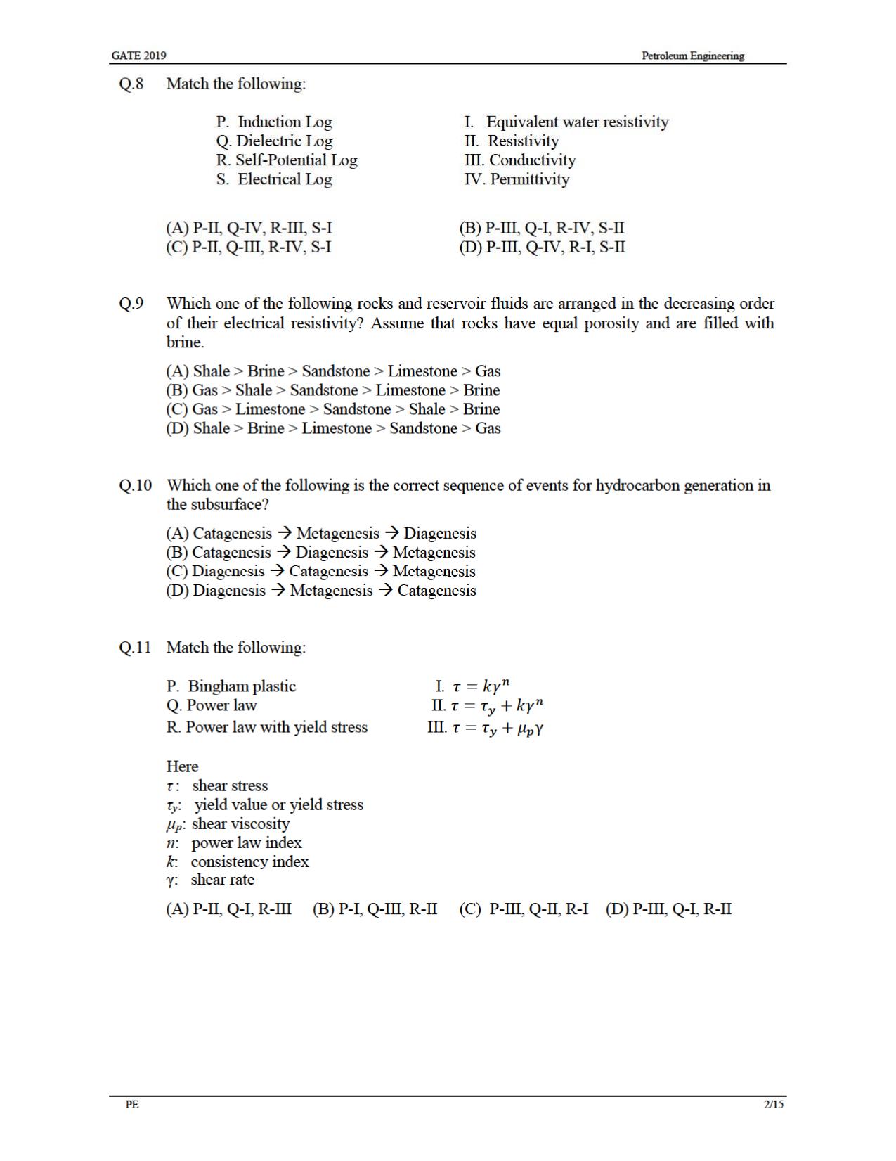 GATE 2019 Petroleum Engineering (PE) Question Paper - Page 5