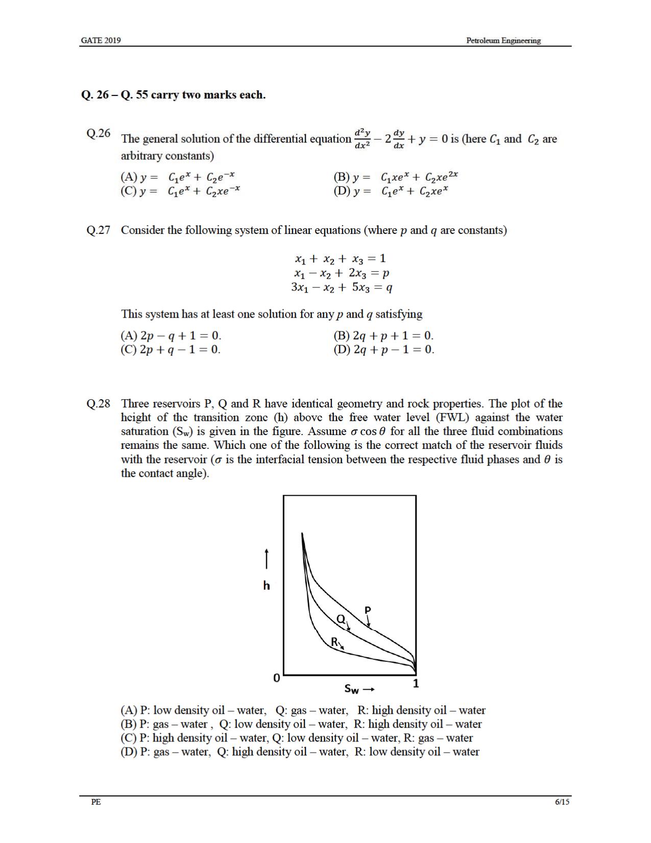 GATE 2019 Petroleum Engineering (PE) Question Paper - Page 9