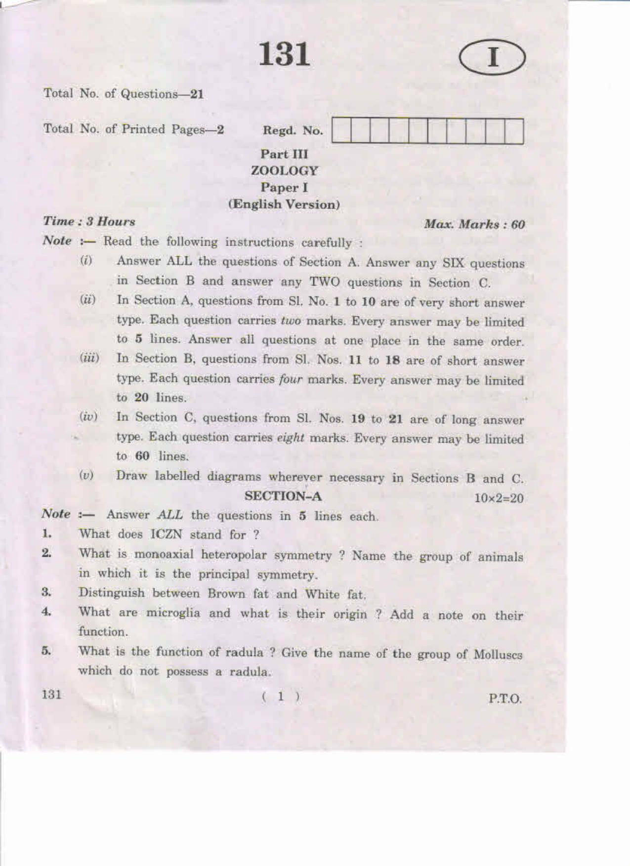 AP Inter 1st Year Zoology-I (EM) May-2019-General Question Paper - Page 1