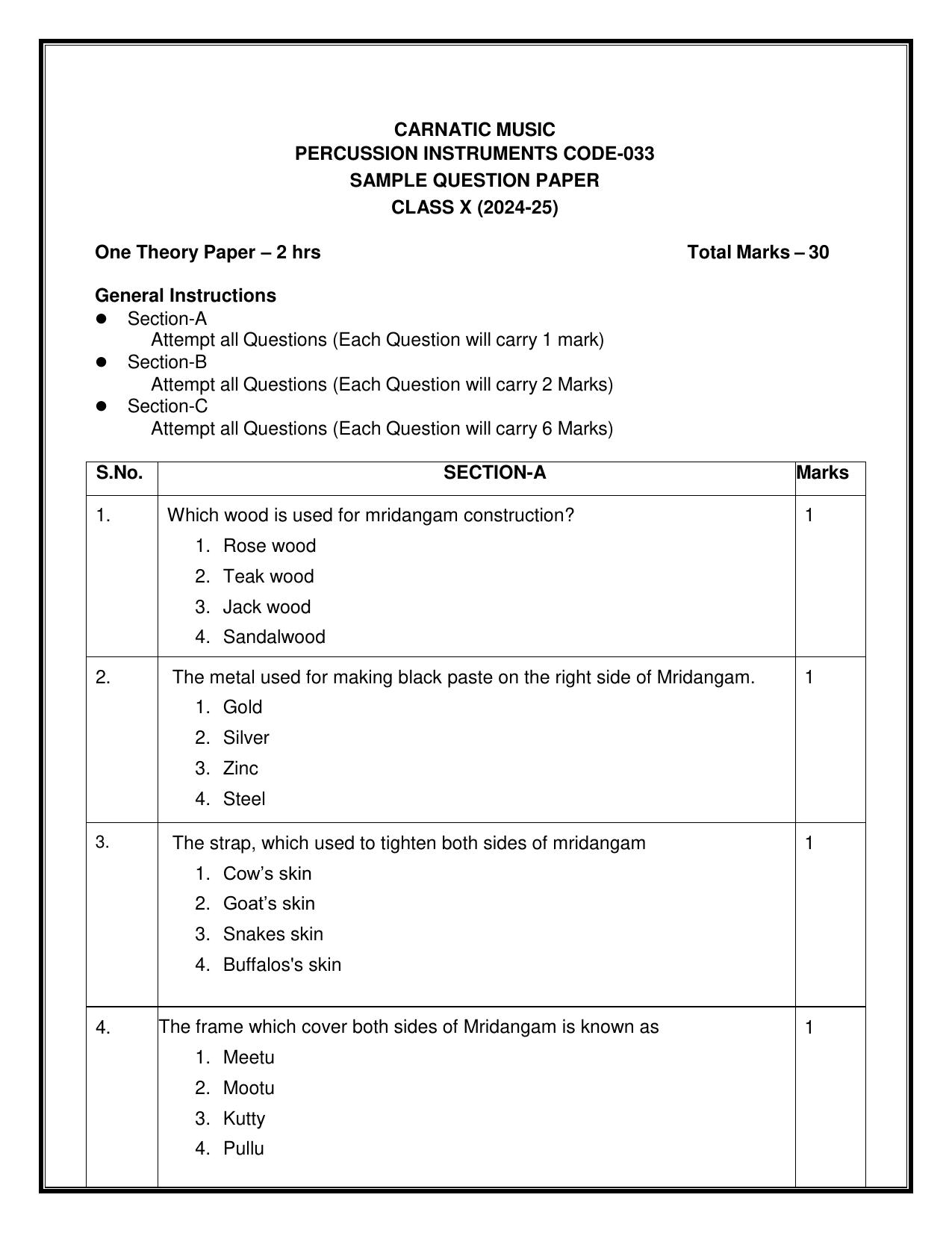 CBSE Class 10 Carnatic Music-Percussion Instruments Sample Paper 2025 - Page 1